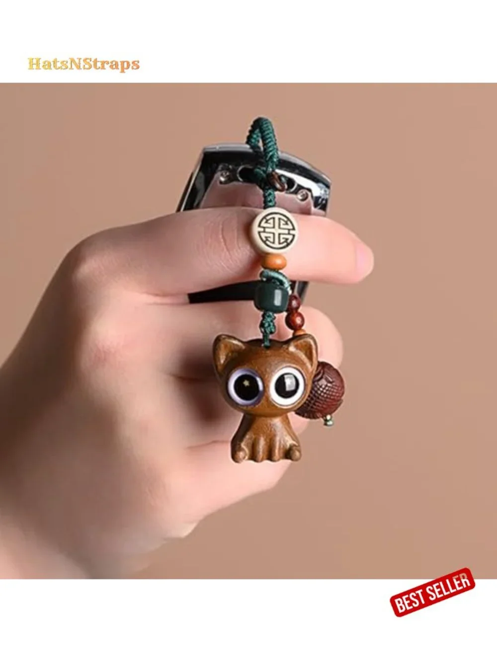 Hand-carved Wooden Lucky Cat Keychain - Feng Shui Good Luck Charm for Keys